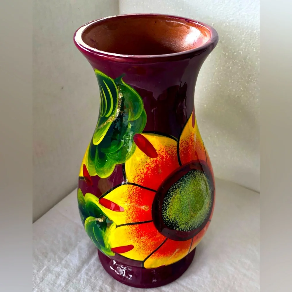 Mexican Folk Art Clay Pottery Vase Hand Painted Bright Flowers & Leaves